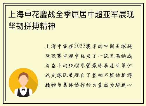 上海申花鏖战全季屈居中超亚军展现坚韧拼搏精神 上海申花鏖战全季屈居中超亚军展现坚韧拼搏精神