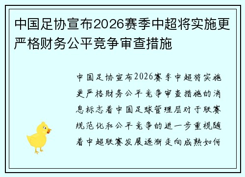 中国足协宣布2026赛季中超将实施更严格财务公平竞争审查措施